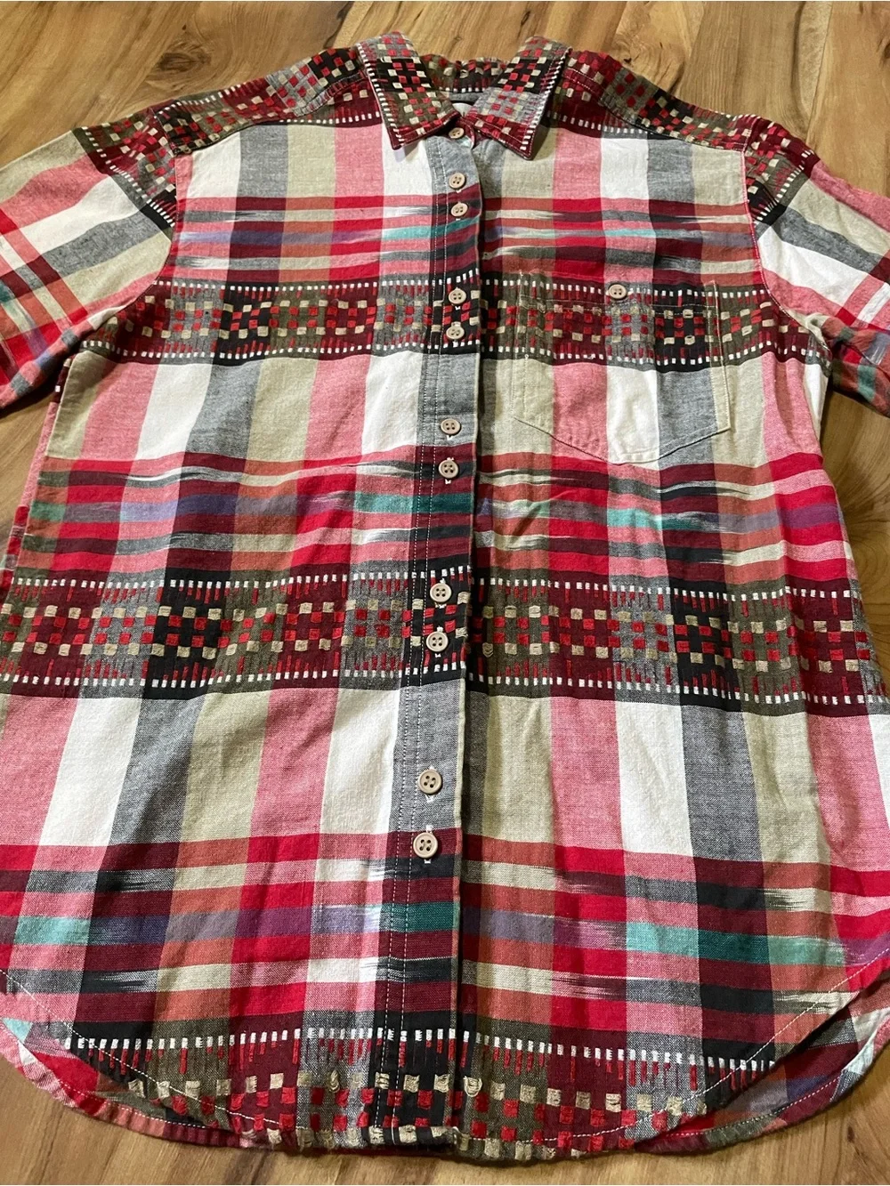 VTG Cabin Creek Geometric Plaid Short Sleeve Shirt S 100% Cotton Retro 90s